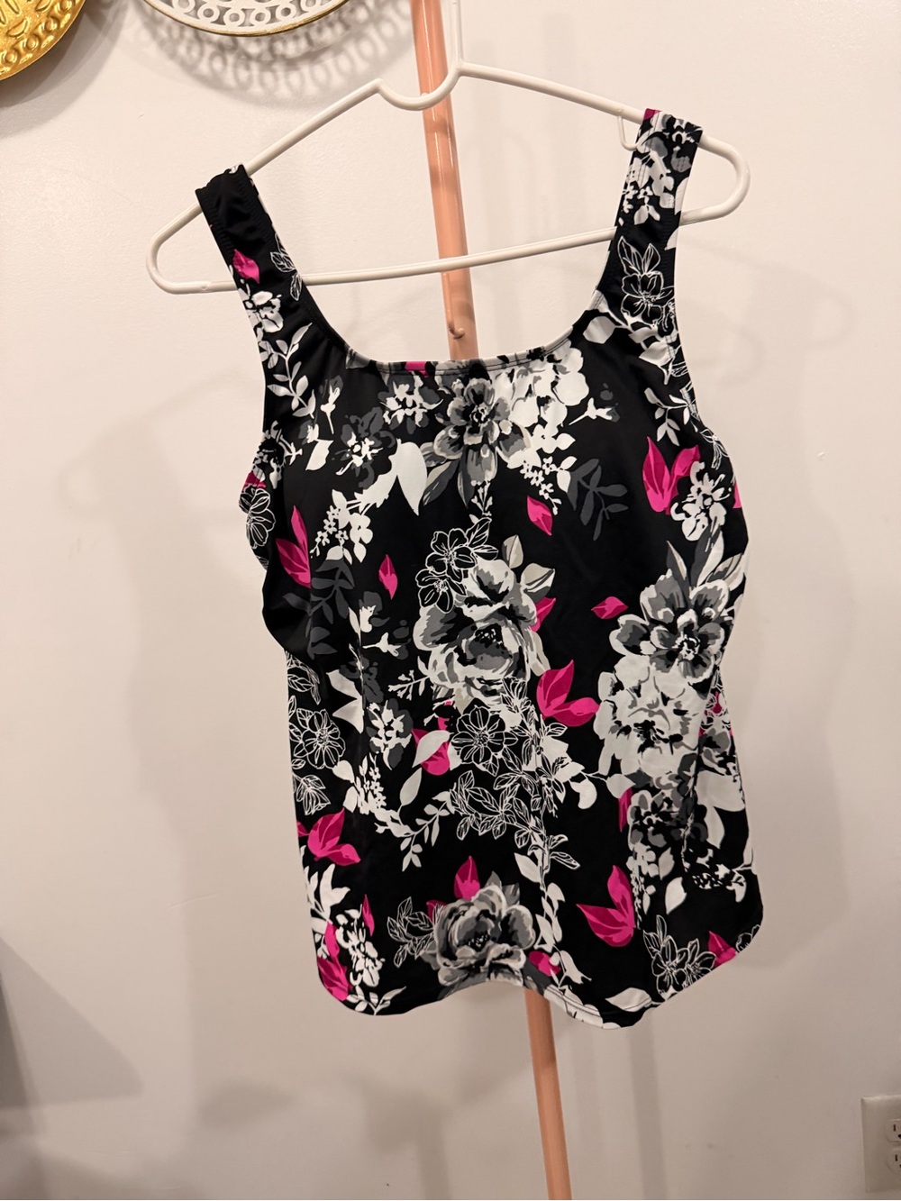 Black Floral Tank Top with Pink Accents